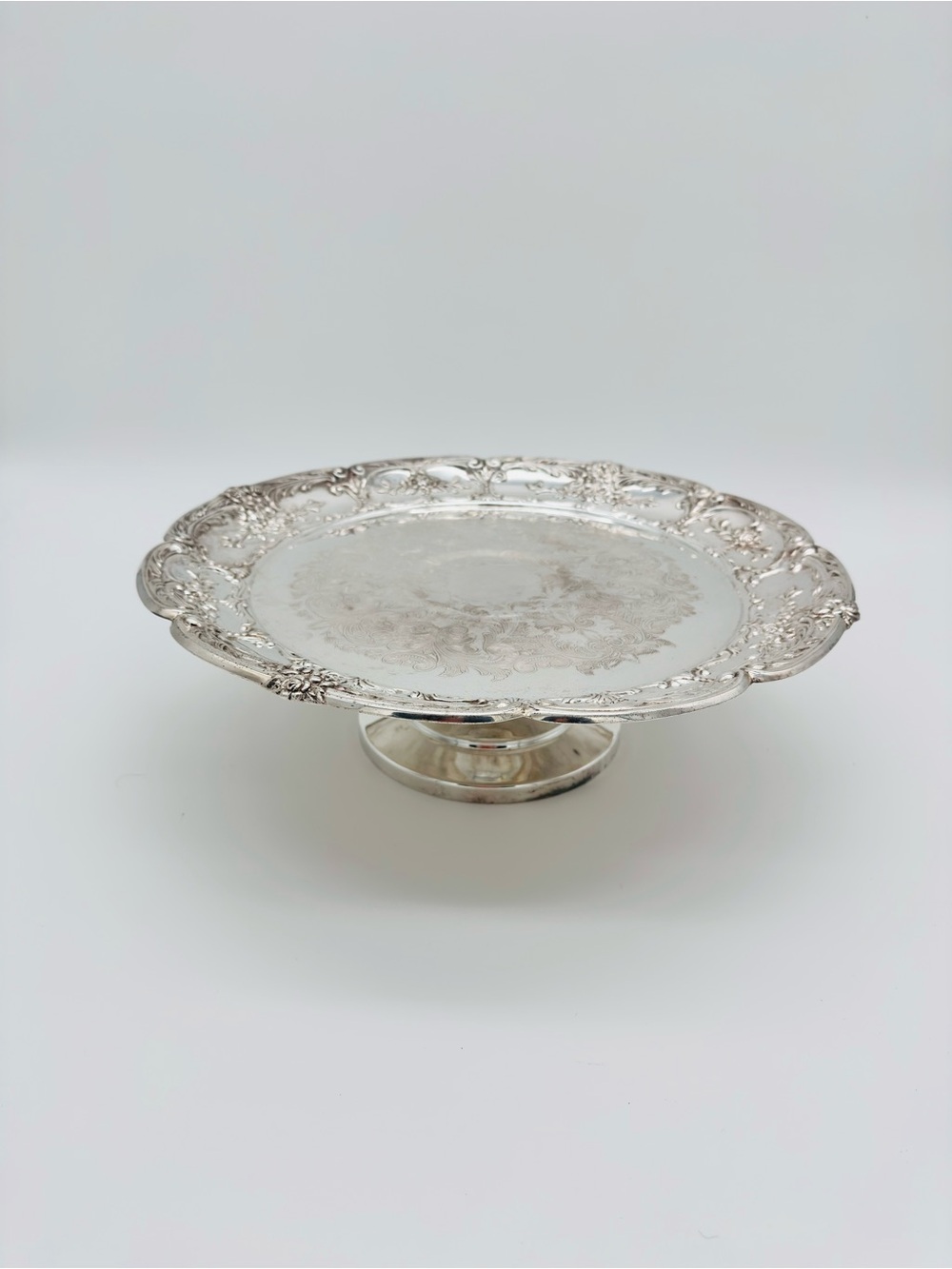 Vintage Silverplate Pedestal Cake Stand 14" Ornate Floral Engraved Serving Tray